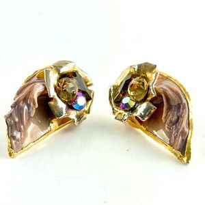 RARE VTG Lacombe 1988 Retro Resin & Crystal Pierced Earrings Abstract Modernist